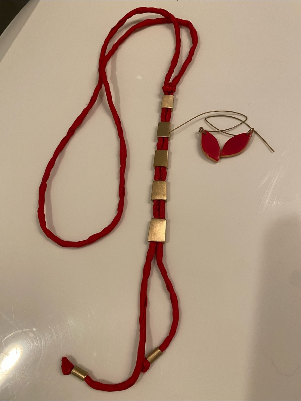 Red Braided Cord Necklace with Red Leaf Earrings -